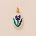 Close-up of oval ceramic pendant with purple tulip print and golden metal loop - Small Purple Flower Pendant Only (Without Chain)