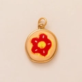 Detail of a round gold pendant with a red hand-painted floral design on a beige surface - Red Flower Pendant Style 2 Only (Without Chain)