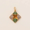 Macro view of gold geometric pendant with green and purple micro-set cubic zirconia stones - Candy