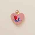 Dettaglio del ciondolo a cuore placcato oro con motivo tulipano rosa per gioielli fai da te - Pendente a cuore rosa con tulipano rosso, solo pendente (21小花)