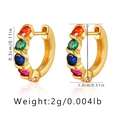 Detail shot showing 1.3cm diameter of 18K gold hoop earrings with rainbow zircons - Exquisite Rainbow Stone Hoop Huggie (KE0793)