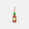 Close-up of 18K gold plated chili sauce bottle pendant with red crystals and green enamel - Chili Sauce