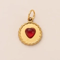 18K gold plated stainless steel round pendant with a red heart and scalloped edges - Heart Pendant
