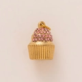 Macro shot of 18K gold plated cupcake pendant featuring sparkling pink crystal frosting - Cupcake Style Pendant / Gold