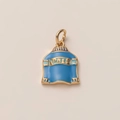 Detail view of a 14K gold-plated blue enamel sweater charm with APRES engraving - Sweater Shape (Sweater Pendant)