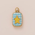 Golden square pumpkin pendant with blue checkered pattern and a yellow star charm - No.6 Star Square Tag