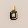 Macro view of emerald-cut crystal pendant with green enamel inlay and 18K gold frame - Green Square Pendant