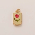 Detailed view of a gold rectangular tulip pendant with vintage red floral engraving - Red Tulip Double Ring Pendant (8小花)