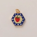 Macro shot of hexagonal strawberry pendant with blue polka dot border and gold metal rings - Hexagonal Strawberry Flower (MQPK254807S)