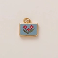 Detailed close-up of a blue rectangular floral pendant with gold-plated edges and double rings - Rectangular Three Small Flowers (MQPK254807S)