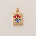 Detail of a rectangular gold pendant featuring red tulips and a blue bow design - Tulip and Bowknot Rectangular Pendant (11小花)