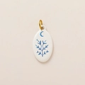 Oval 18K gold plated pendant with white enamel featuring blue crescent moon and floral motifs - No.8 Oval Moon Grass
