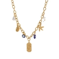 Collier en acier inoxydable doré avec perle, breloques marines, œil bleu et pendentif - Pendentif Carré Œil du Diable / Mauvais Œil Carré