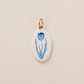 White ceramic oval pendant with hand-painted blue tulip and 18K gold metal loop - No.15 Oval Blue Grass