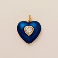 Detailed view of heart charm with royal blue enamel, glitter finish and gold frame - Blue Heart Pendant