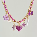 Collier doré avec pendentif cœur violet et breloques de fleurs émaillées pour femme - Cœur Violet