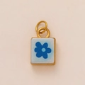 Square 18k gold plated stainless steel pendant with a blue floral motif on white enamel - Light Blue Flower Square Pendant