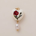 Detail of vintage heart pendant with red poppy pattern and dangling baroque pearl - August Birth Flower Heart Pendant