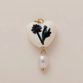 Detail of heart-shaped charm with flower print and water-drop pearl in gold finish - September Heart Flower (Pendant Only)