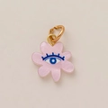 Detail of pink pearlized flower pendant with blue evil eye motif and 18K gold clasp - Light Pink Sun Eye Pendant