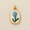Detail of 18k gold plated oval necklace pendant with blue hand-painted flower enamel - July Flower Pendant / 1 Piece