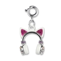 Silver cat ear headphone charm with pink glitter and colorful rhinestones - Cat Earphone Style