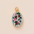 Oval floral pendant with pink flowers and blue stripes in a golden metal frame - Strawberry Pendant