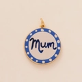 Close-up of golden round pendant with blue polka dots and Mum lettering for DIY jewelry - 14 Mum Pendant Only (Without Chain)