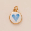 Golden round pendant charm with blue watercolor heart design for DIY jewelry - Blue Heart Pendant
