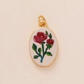 Close-up of gold-plated oval pendant with red rose and green leaf print for DIY jewelry - 19 Small Red Flower Pendant Only (Without Chain)