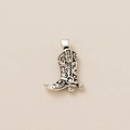 Detailed view of silver cowboy boot pendant with floral engraving and shiny rhinestones - Boot Style C