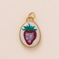 Oval gold-rimmed pendant with colorful strawberry pattern and double hanging rings - Oval Designer Strawberry Pendant / Red Strawberry