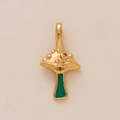 Detail of mushroom pendant with pink gemstone and green enamel in gold plating - Green Root Mushroom