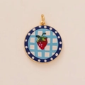 DIY strawberry pendant charm with checkered blue background and gold plated ring - 40 Strawberry Pendant