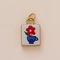 Gold plated 18K square enamel pendant with floral and teacup design for jewelry making - Potted Red Flower Pendant