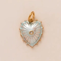 Light blue enamel heart pendant with golden textured borders and center crystal charm - White Green Heart