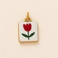 Square ceramic tulip pendant with 18K gold plated edges for DIY jewelry making - White Pink Flower Pendant