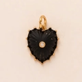 Matte black heart pendant with gold trim and center crystal in vintage relief style - Black Heart