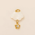 Detailed view of cloud pendant in mother of pearl with gold star and sparkling crystal - White Cloud Star Pendant / Gold