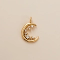 Detailed view of polished gold crescent moon pendant set with clear baguette crystals - Moon Rhinestone Pendant