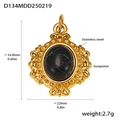 Vista detallada del colgante de acero bañado en oro de 18k con medidas y piedra turquesa - D134-Colgante Piedra Negra Vintage (Dorado)