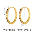 Detail view of gold hoop earrings with dimensions and multi-colored zircons - Vintage Luxury Multicolor Round Huggie (KE0905)