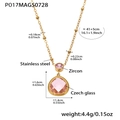 Collier en acier doré avec zircon rose et pendentif en verre en forme de goutte - P017-Collier Zircon Rose Doré