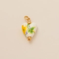Detailed view of white ceramic heart pendant with vintage floral pattern and gold beads - Colorful Floral Print Heart Ceramic-Look Charm