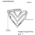 Silver stainless steel heart ring with cubic zirconia inlay and adjustable open band - Steel Color Heart Style (A330-A)