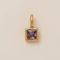 Macro view of square purple gemstone pendant set in a textured 18K gold plated frame - February Birthstone Pendant / Gold
