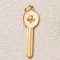 Detailed view of golden 18K gold-plated key pendant with embossed rose flower design - Rose Key (Gold)