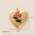 Vintage golden heart pendant with red rose enamel detail and dimensions displayed - Heart Rose - Pendant Only (Without Chain)