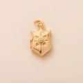 Macro shot of gold shield pendant featuring sunburst engraving and center zircon stone - Locket Shield Pendant