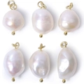 Set of six baroque natural freshwater pearl charms with golden loops on white background - 8-10mm Gold